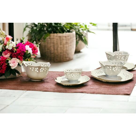 Japanese White Porcelain Cutout Bowl & Saucer Set-17pc-Pier 1 Lotus Accent Plate - Picture 5 of 10